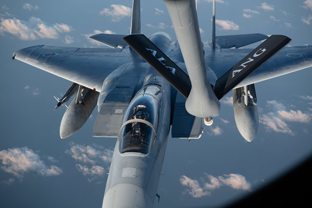   A U.S. Air Force KC-135 Stratotanker refuels a Japan Air Self-Defense Force F-15J Eagle over the Pacific Ocean during Exercise Southern Beach Oct. 28, 2021.