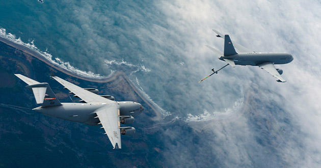 A KC-46A Pegasus refuels a C-17 Globemaster III.