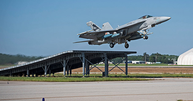   The F/A-18 Super Hornet successfully completes ski jump demonstrations at Naval Air Station Patuxent River, Maryland, in 2020 proving it can operate from a “ski jump” ramp and demonstrating its suitability for India’s aircraft carriers.