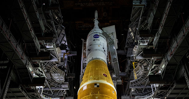   The Artemis I stack, including the orange Boeing-built Space Launch System core