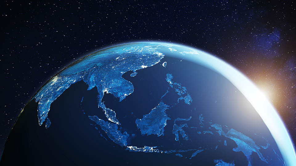 Southeast Asia from space at night with city lights showing South East Asian cities in Thailand, Vietnam, Malaysia, Singapore and Indonesia, 3d rendering of planet Earth, elements from NASA (https://eoimages.gsfc.nasa.gov/images/imagerecords/57000/57752/land_shallow_topo_2048.jpg)
