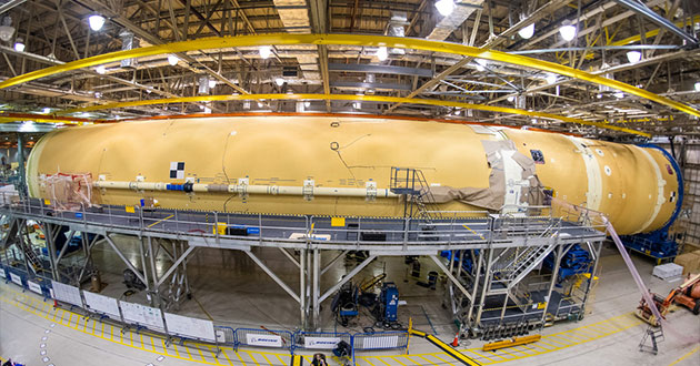 The core stage for Artemis I is seen in 2019 in its assembly area at the Michoud Assembly Facility before completion and move to Kennedy Space Center for launch of the Artemis I mission