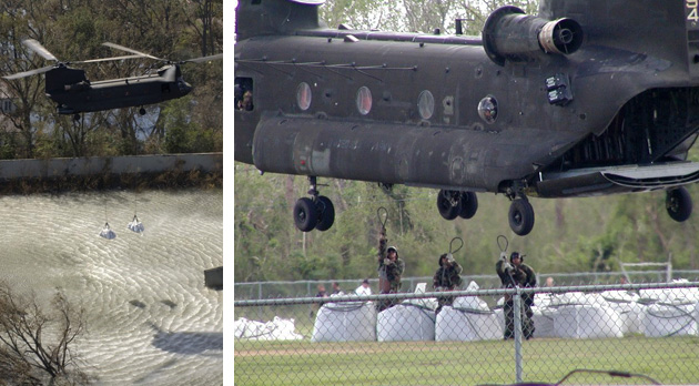 CH-47 Chinooks from the 1st Air Cavalry Brigade, 1st Cavalry Division assisting in disaster relief and recovery efforts in the aftermath of Hurricane Katrina in 2005.