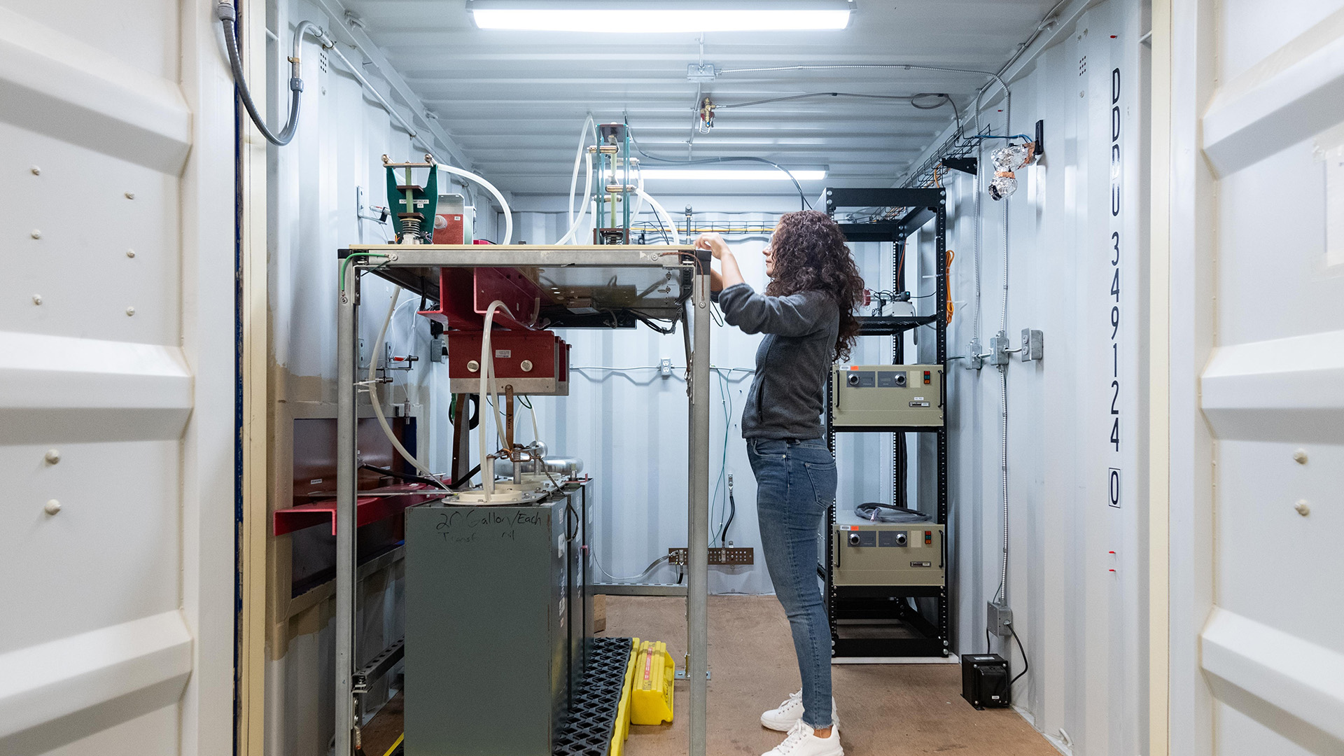 Bolt box: Inside a converted shipping container, electromagnetic effects engineer Louisa Michael and her colleagues create and test novel algorithms that simulate lightning effects on airplane parts in Boeing South Carolina’s lightning lab.