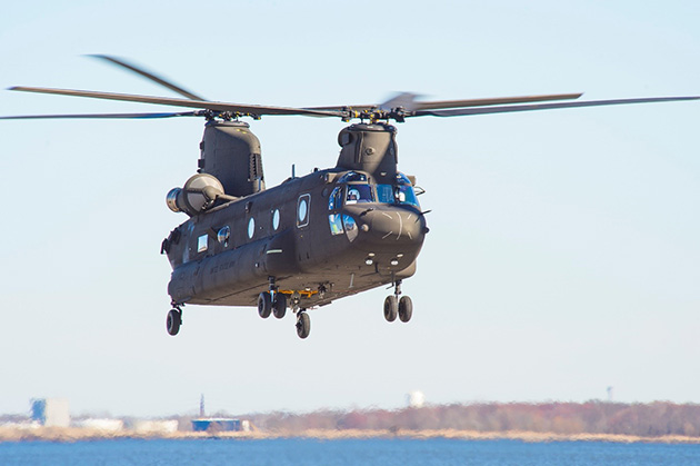 The highly advanced CH-47F Block II aircraft is air born during flight testing at the Boeing Philadelphia site.