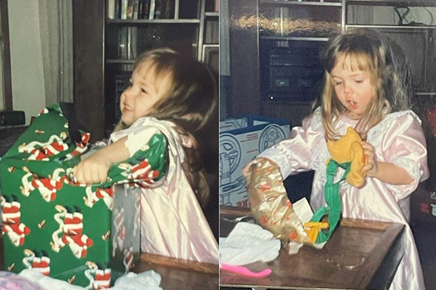 A young Katelynn opens presents on Christmas morning in 1992 that were donated by Boeing employees.