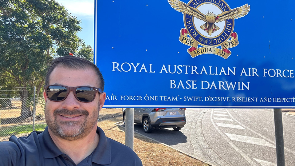 KC-46 field service representative Ed Musterer poses at RAAF Base Darwin after arriving in Australia to support Mobility Guardian 23. Musterer became the first KC-46 FSR to provide on-the-ground support during the annual exercise used to sharpen emerging operational concepts in the Indo-Pacific. (Ed Musterer / Boeing photo)