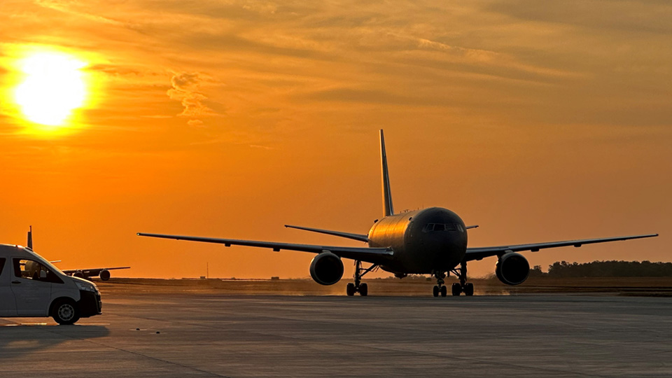 A KC-46A Pegasus tanker taxis to its stall at RAAF Base Darwin following a 22-hour mission supporting Mobility Guardian 23. (Ed Musterer / Boeing photo)