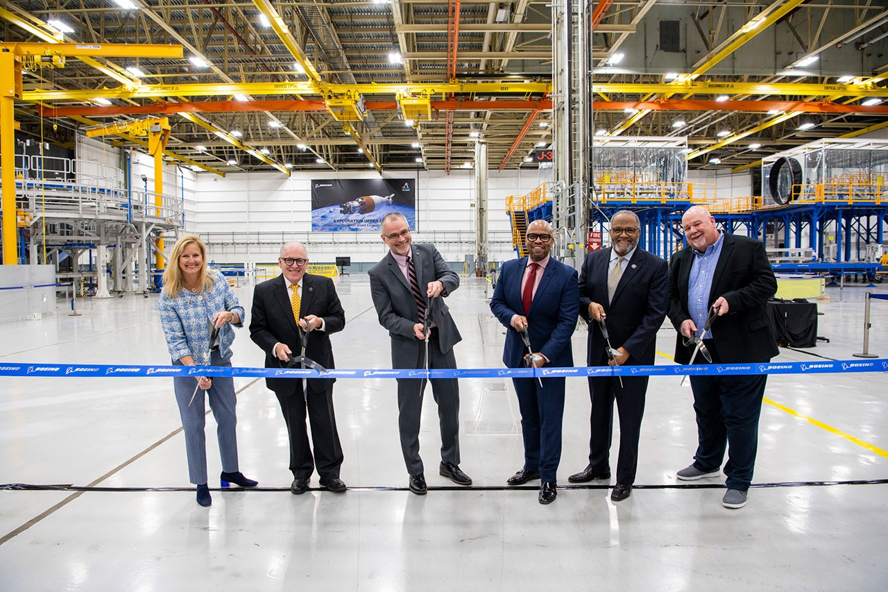 On February 13, 2023, Boeing and NASA leaders cut the ceremonial ribbon for the new Exploration Upper Stage Gray Box production area at NASA's Michoud Assembly Facility in New Orleans, Louisiana