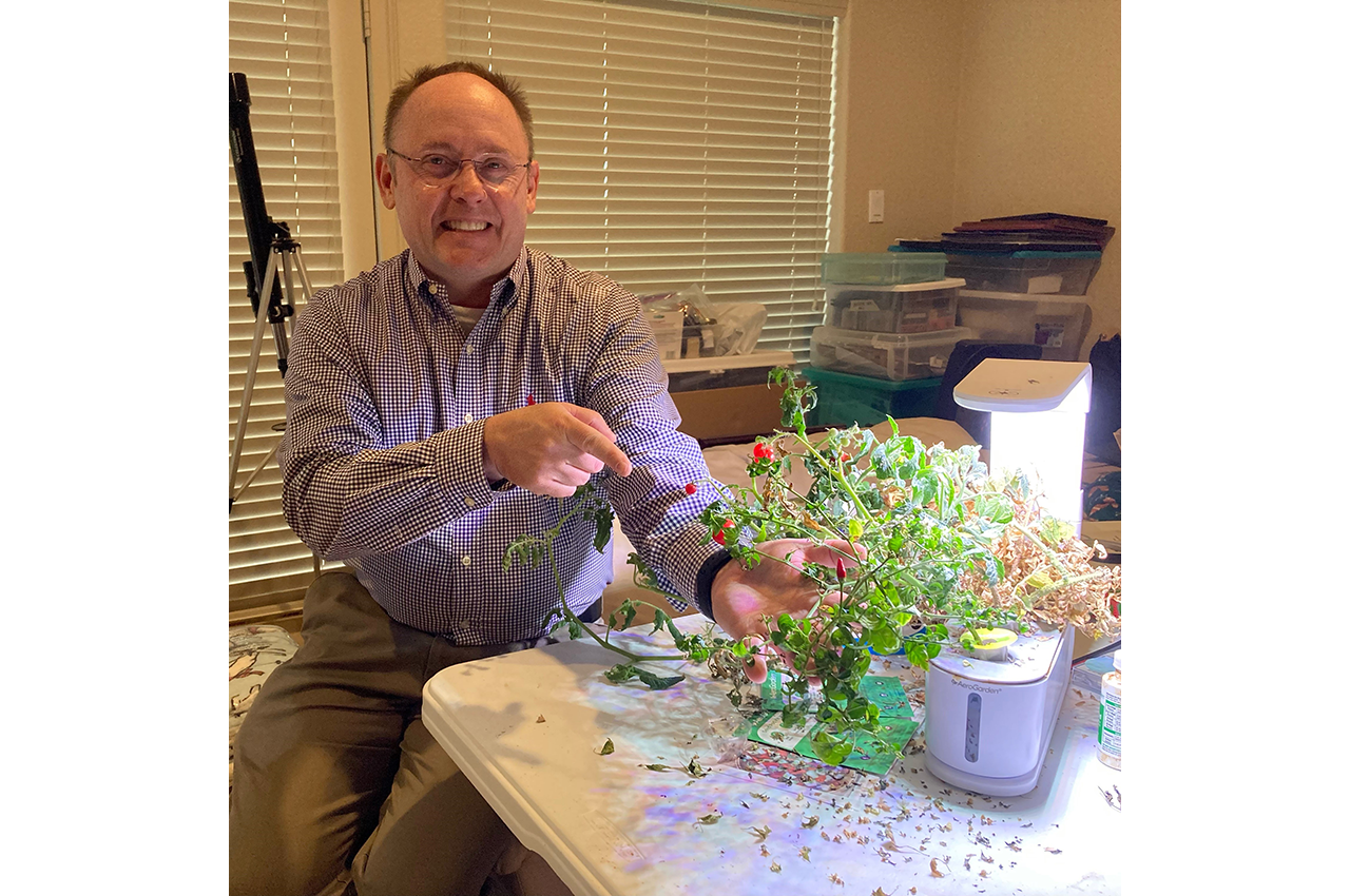 NASA astronaut Mike Fincke pictured with a tomato plant. He enjoys making things out of lunar regolith, or lunar soil, in his home science lab and using hydroponics, which uses water and nutrients.