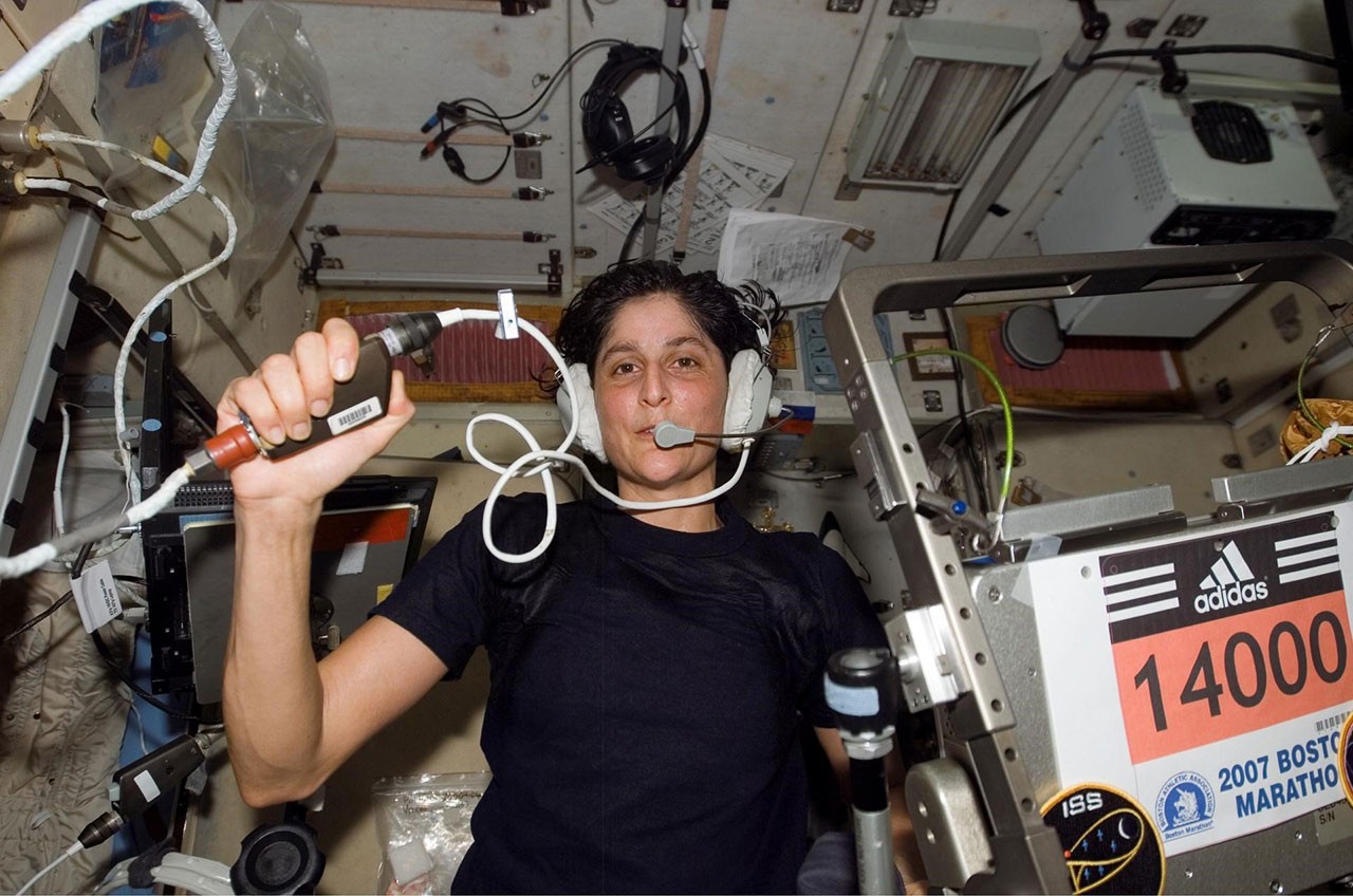 NASA astronaut Suni Williams on the International Space Station in April 2007. She circled the Earth almost three times participating in the Boston Marathon from space. Williams' completion time was four hours, 23 minutes and 10 seconds.