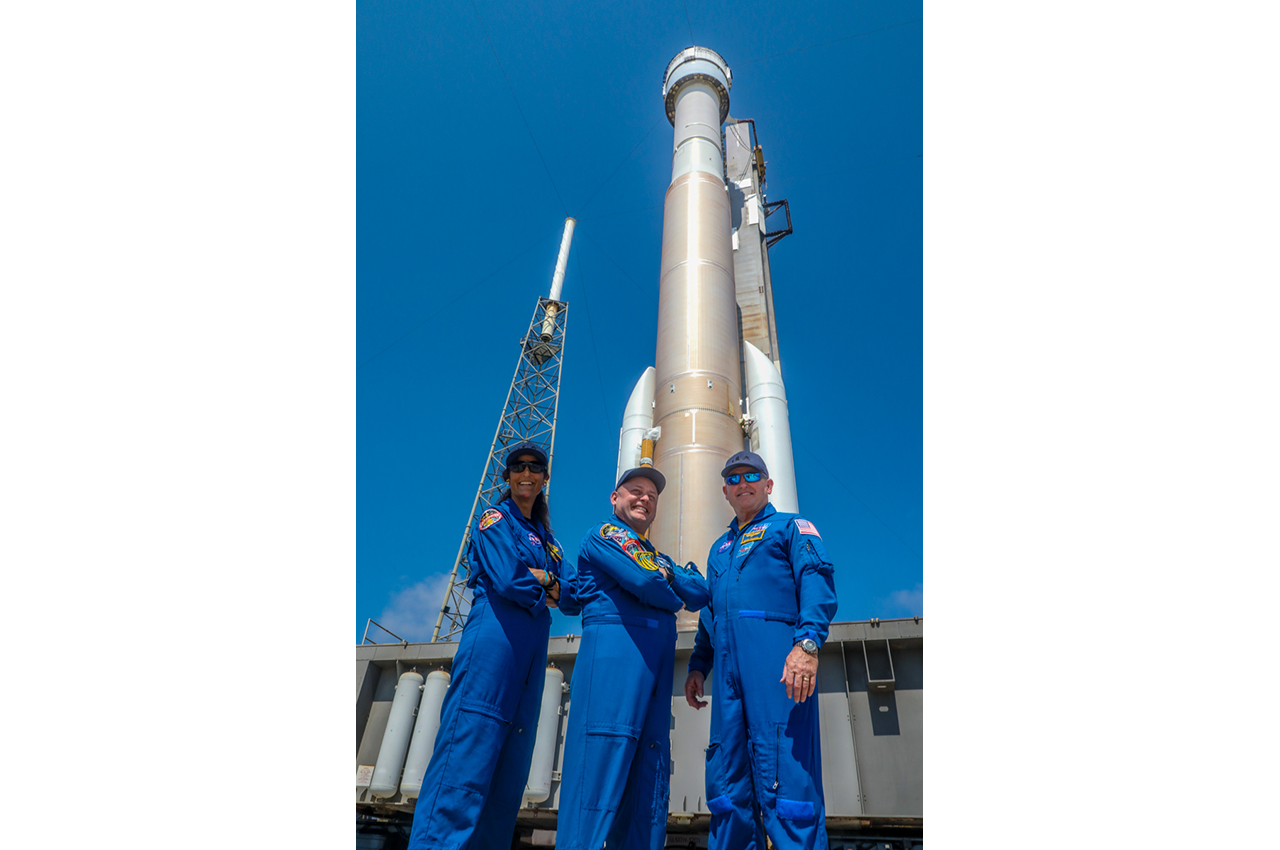 NASA astronauts Suni Williams, Mike Fincke and Butch Wilmore prior to Orbital Flight Test-2 in May 2022.