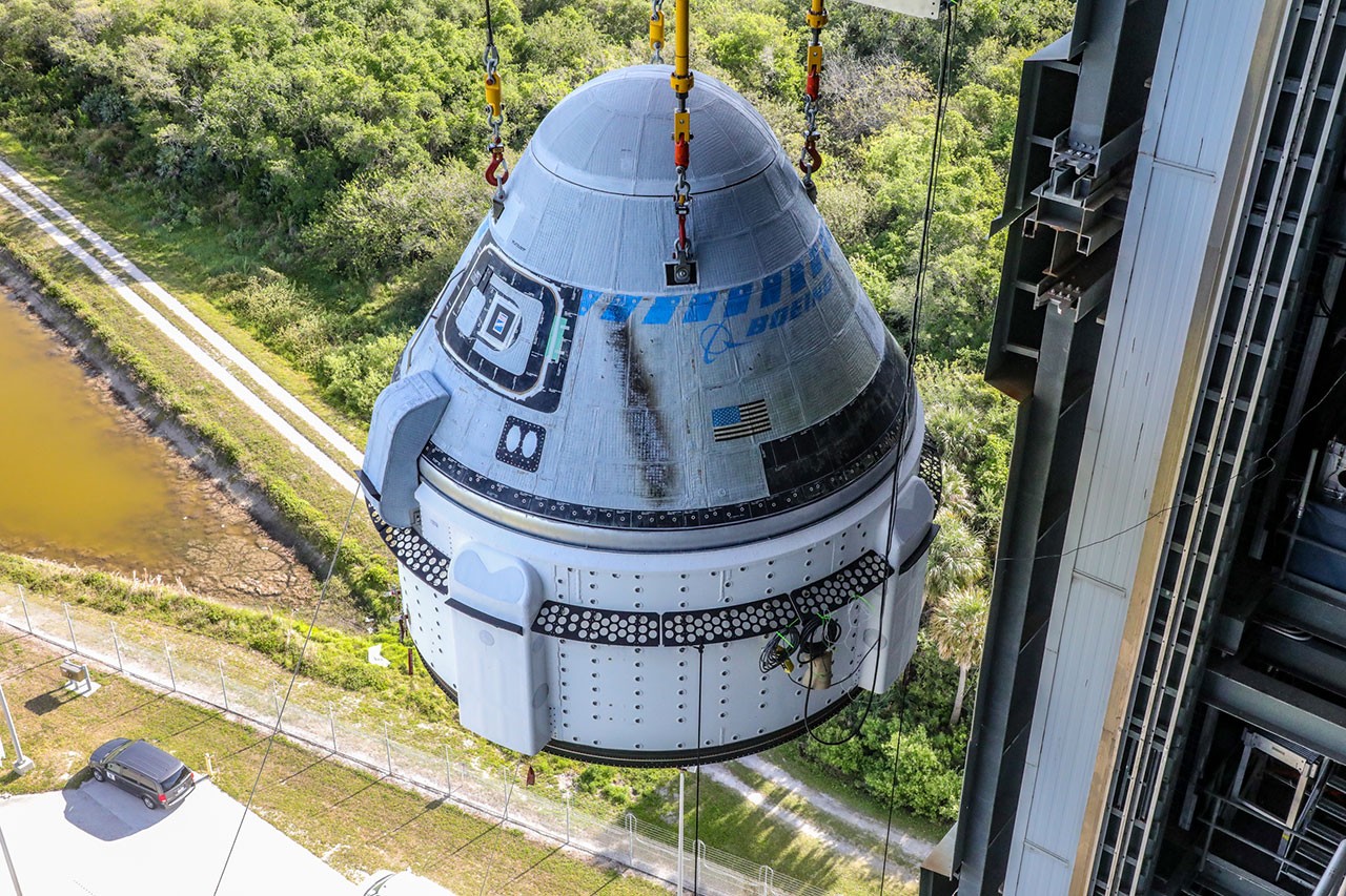 The Starliner spacecraft is hoisted into United Launch Alliance’s Vertical Integration Facility and placed on top of the Atlas V rocket on April 16, 2024.