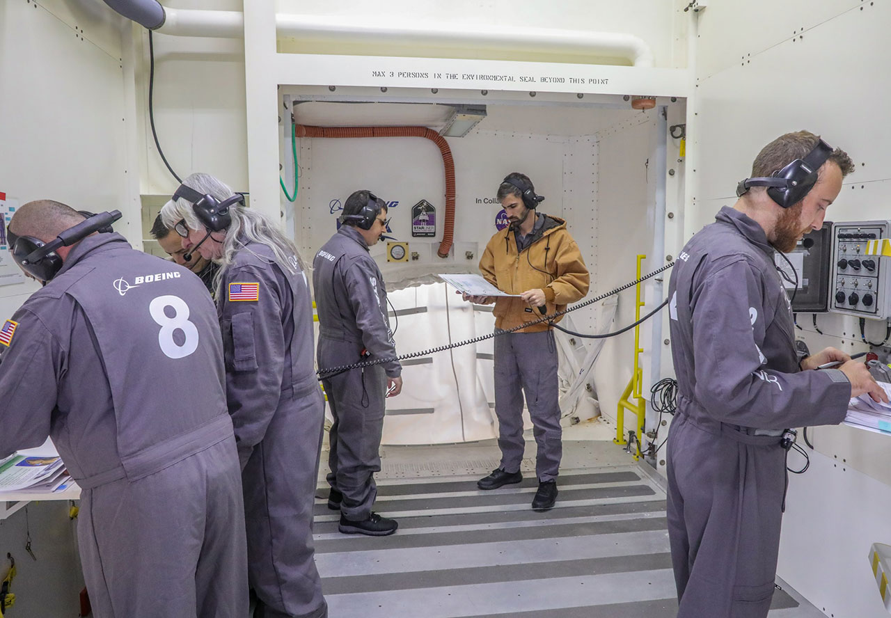 Pad Team A members during an Integrated Crew Exercise. From left, Cason Chernault, Michael Decarlo, Armando Loli, Ed Bourne-Jr, Garrett Pinder and Nathaniel Keyek-Franssen.