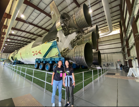 2023 Genes in Space Winner Isabel Jiang visited Houston earlier this month. She briefed Boeing employees about her upcoming experiment and toured Johnson Space Center. There she saw innovations such as the astronaut training station (top left), the Boeing Starliner Mission Trainer (top right) and the Saturn V rocket. (Boeing photos)