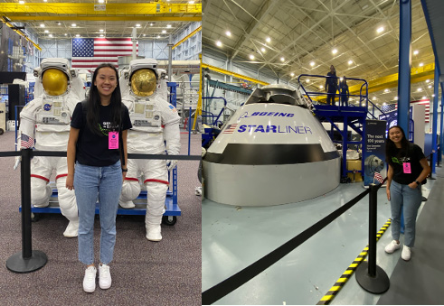  Genes in Space winner Isabel Jiang with the astronaut training station (left) and Boeing Starliner Mission Trainer (right)