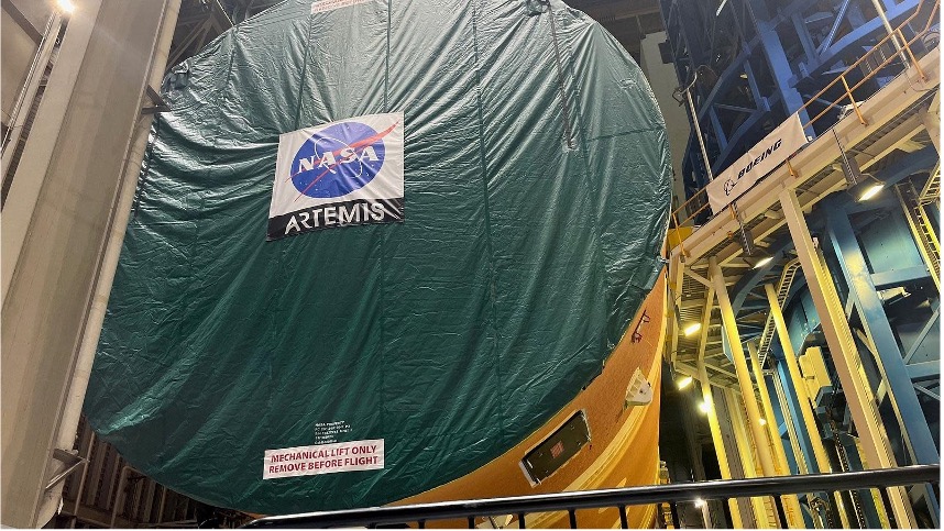 Core Stage Two sitting inside at NASA’s Michoud Assembly Facility ahead of rollout.
