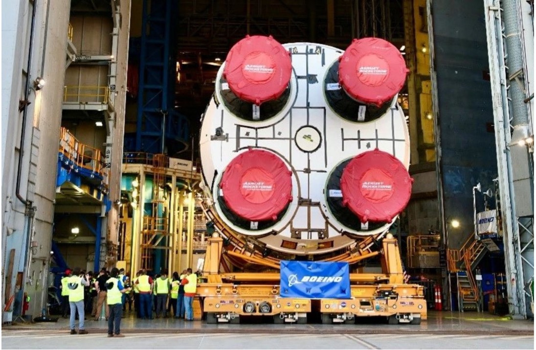 Employees gather near core stage as it’s being prepped to rollout of facility in New Orleans.