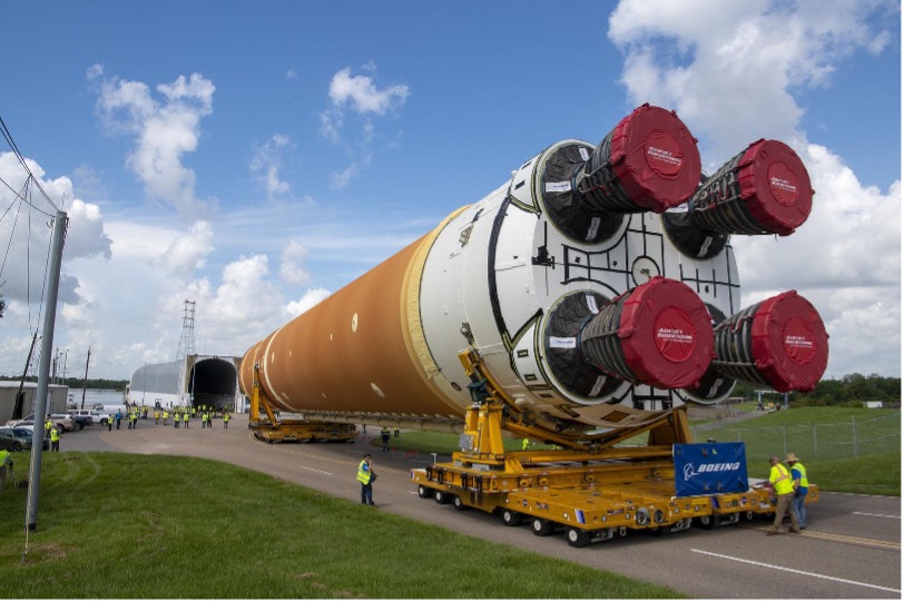 Above: The Boeing-built core stage for Artemis II mission makes its way to the NASA's Pegasus barge for transport to Kennedy Space Center. (Boeing/Liz Morrell photo) 