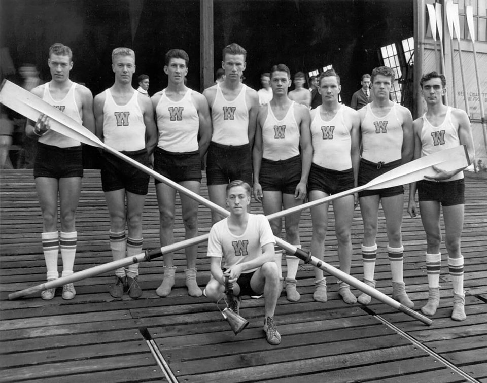 The 1936 UW crew won Olympic gold in Berlin. From left are Don Hume, Joe Rantz, George Hunt, Jim McMillin, John White, Gordon Adam, Chuck Day and Roger Morris. Coxswain Robert Moch kneels in front.