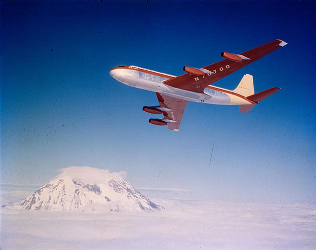 1954: Our old friend appears with the prototype Boeing 367-80, known as the “Dash 80,” which led to the 707, the first commercially successful passenger jet, and the aerial refueling aircraft, the KC-135. 