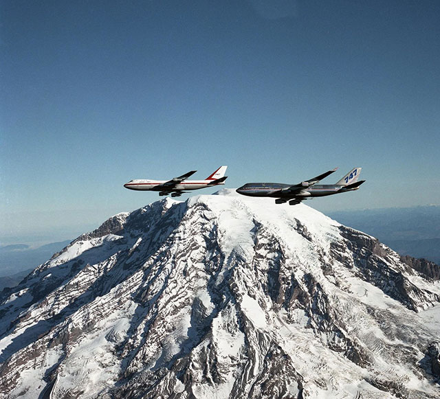 1988: Boeing’s first 747-100 accompanies the first 747-400 for the 20th anniversary of the rollout of the first 747.