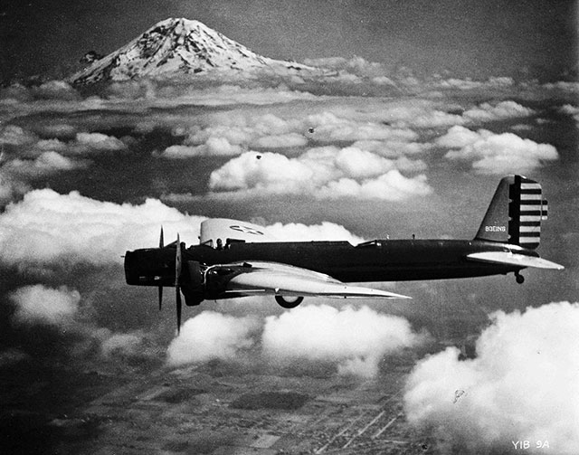 1932: The oldest known air-to-air photo with Mount Rainier was the first all-metal bomber, the Boeing B-9. Only seven of these airplanes were produced for the U.S. Army Air Corps, the predecessor of the U.S. Air Force. 