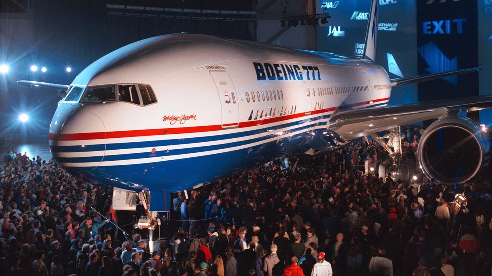 More than 100,000 Boeing teammates and family members were on hand during a series of ceremonies to celebrate the rollout of the 777 in Everett, Washington, in 1994. (Boeing photo)