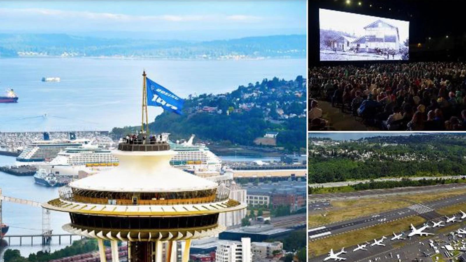 (Clockwise from left) a Boeing 100 flag atop the Space Needle, employees and family members gathering to celebrate at a multimedia show, the 7-series of commercial airplanes, from the 707 to the 787, on display at Boeing Field