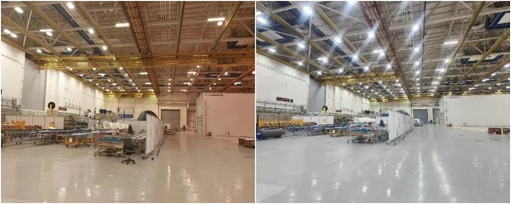 Before and after images of the switch to LED lights at the Development Center