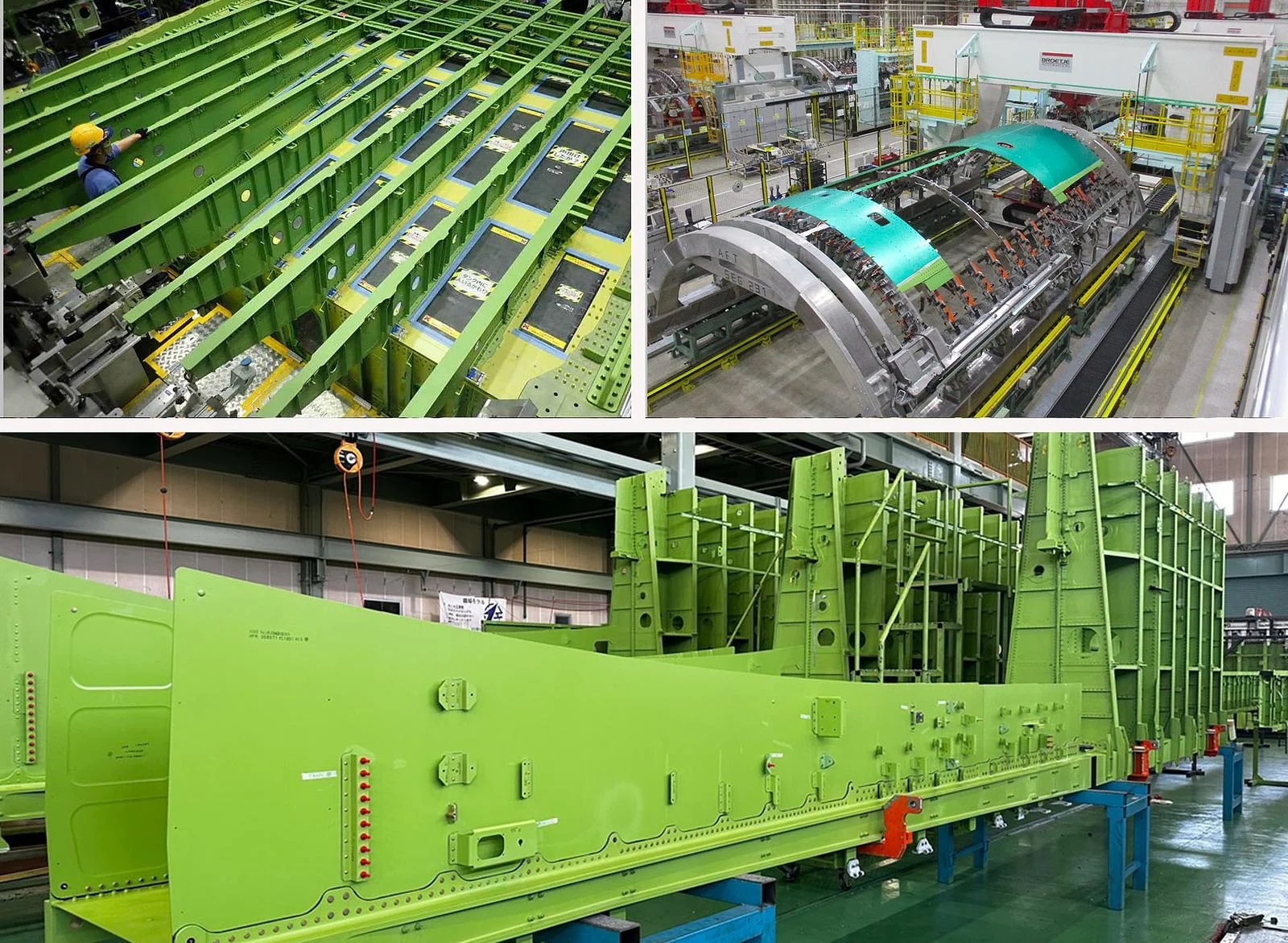 Clockwise from top left: A wing center section at Subaru, a fuselage section at Mitsubishi Heavy Industries and a keel beam at Kawasaki Heavy Industries