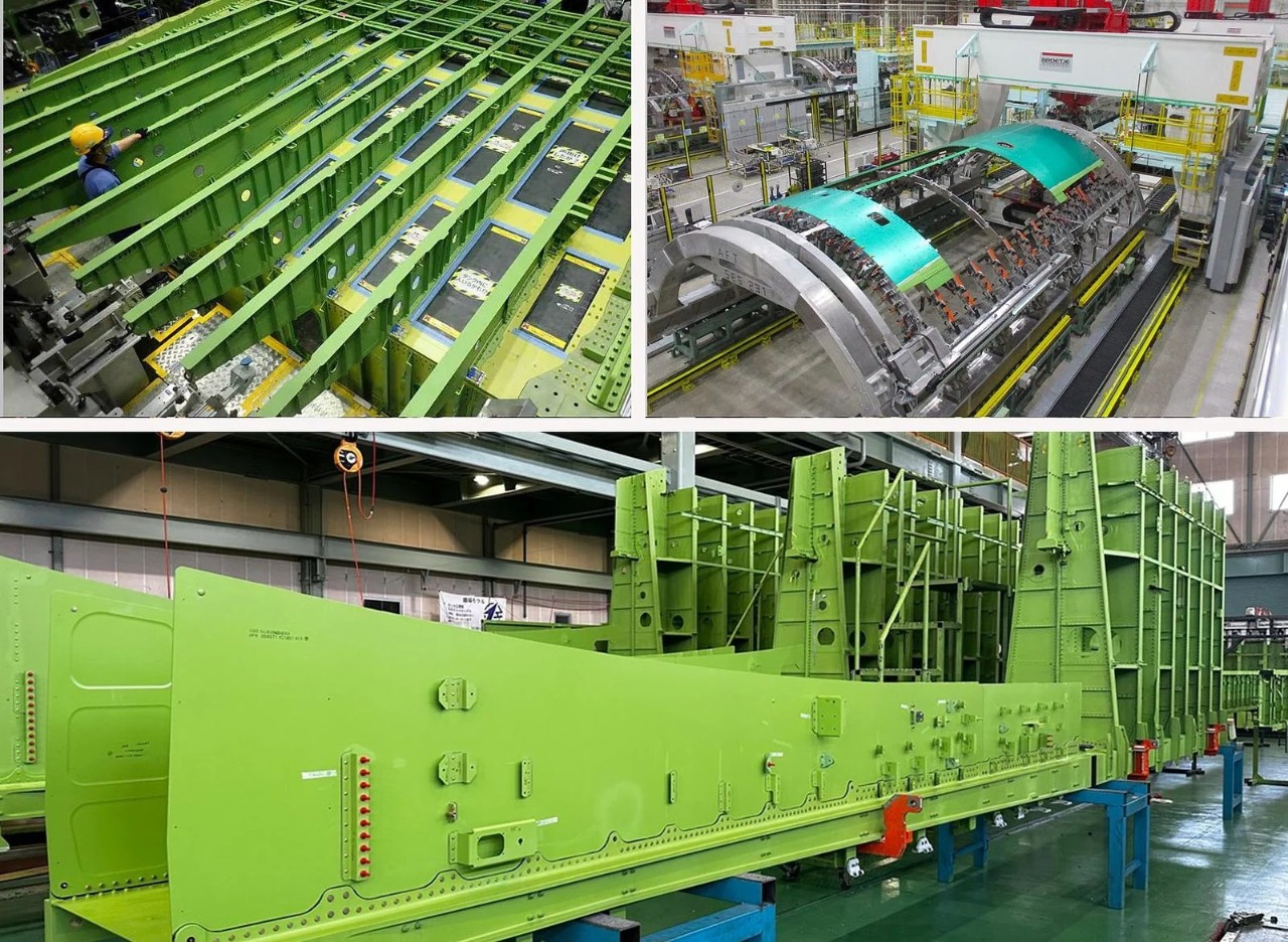 Suppliers are producing major assemblies for the first 777-8F. Clockwise from top left, a wing center section at Subaru, a fuselage section at Mitsubishi Heavy Industries and a keel beam at Kawasaki Heavy Industries. (Photos courtesy Subaru, MHI and KHI)