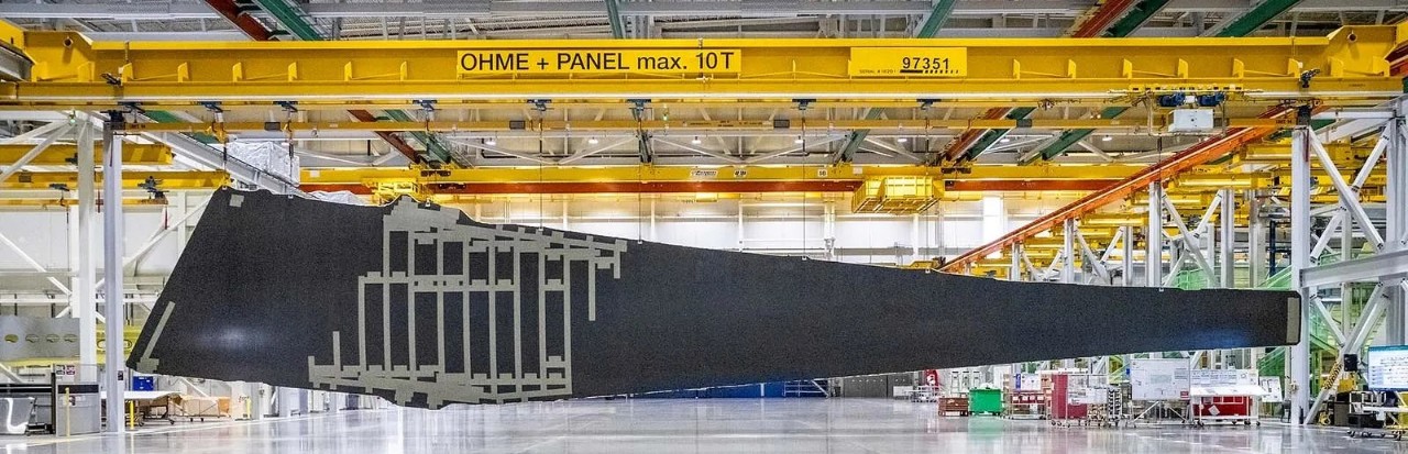 A skin panel for the first 777-8 Freighter’s wing in the Composite Wing Center. (Marian Lockhart photo)