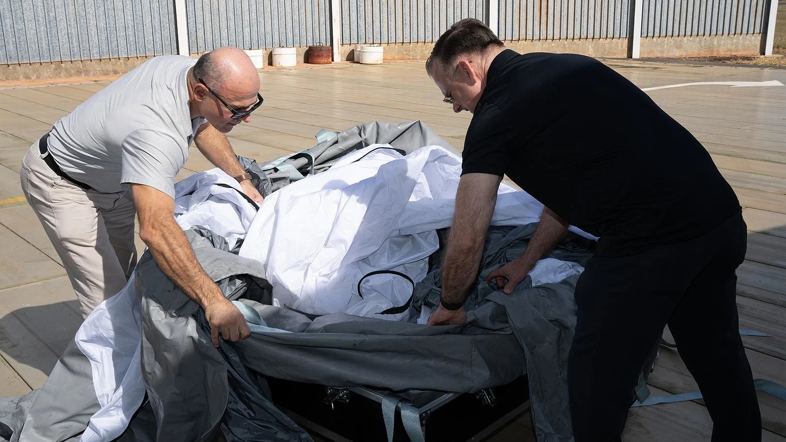 The portable maintenance shelter easily unpacks and can be fully inflated within a few minutes of opening its container.