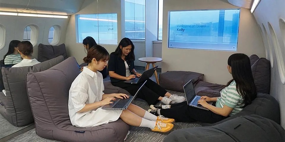 Boeing engineers (from left) Hazel Nam, Jinri Kim and Jihyun Kim check the STT prototype in a test environment.