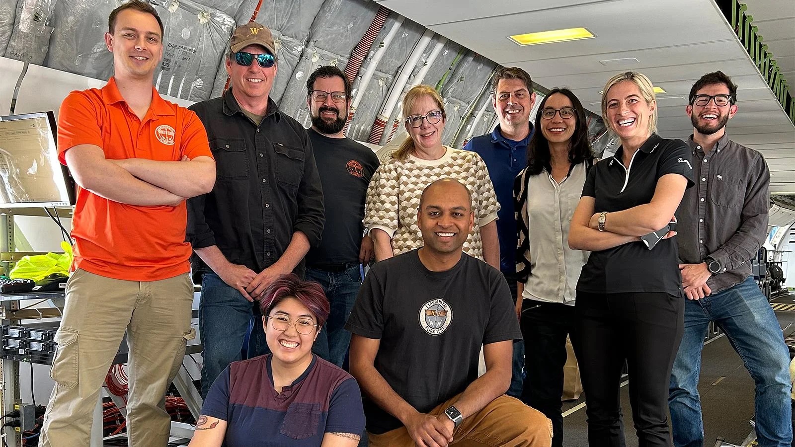 Above: The VERA flight-test team proved the effectiveness of the new tool. Back row, from left: Adam Bergamini, Roger Friedman, Darren McDonald, Capt. Jennifer Henderson, Capt. Christopher Caps, Emily Stednitz, Vanesa Miksa and Daniel Serna. Front row, from left: Taylor Manyrath and Dulnath (Dunes) Wijayratne.