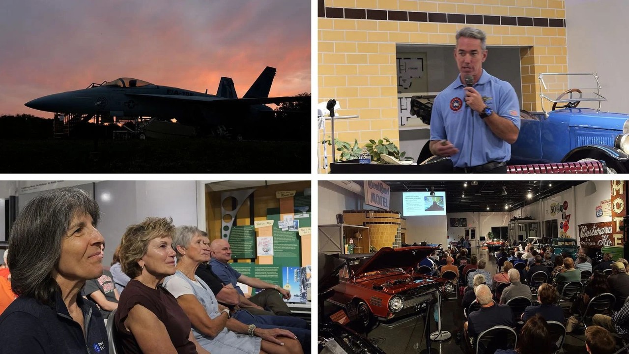 Top left: F/A-18 Super Hornet E1, in front of the National Museum of Transportation in Kirkwood, Missouri, near St. Louis on an early October morning. The aircraft was the first Super Hornet manufactured and flown in St. Louis and led the way for the successful program. (© Boeing) Top Right: Photo: Boeing Air Dominance business development’s Kevin “Proton” McLaughlin addresses an audience at the National Museum of Transportation near St. Louis as part of a series of 30th anniversary events for the Boeing F/A-18 Super Hornet. McLaughlin was a former commander of the U.S. Navy’s TOPGUN Fighter Weapons School and consultant on the movie “Top Gun: Maverick.” (© Boeing) Bottom Left: Aviation and “Top Gun” movie enthusiasts at a recent event at St. Louis’ National Museum of Transportation learn more about the Boeing F/A-18 Super Hornet and how it was featured in the popular movie, “Top Gun: Maverick.” (© Boeing) Bottom Right: Photo: Jennifer Snyder (foreground left), Boeing F/A-18 Super Hornet strength engineer, who has worked on the fighter platform for 30 years and who is currently involved with the program’s life extension program, listens to Kevin McLaughlin recount his experiences flying the F/A-18 Super Hornet while he served in the U.S. Navy. (© Boeing) 