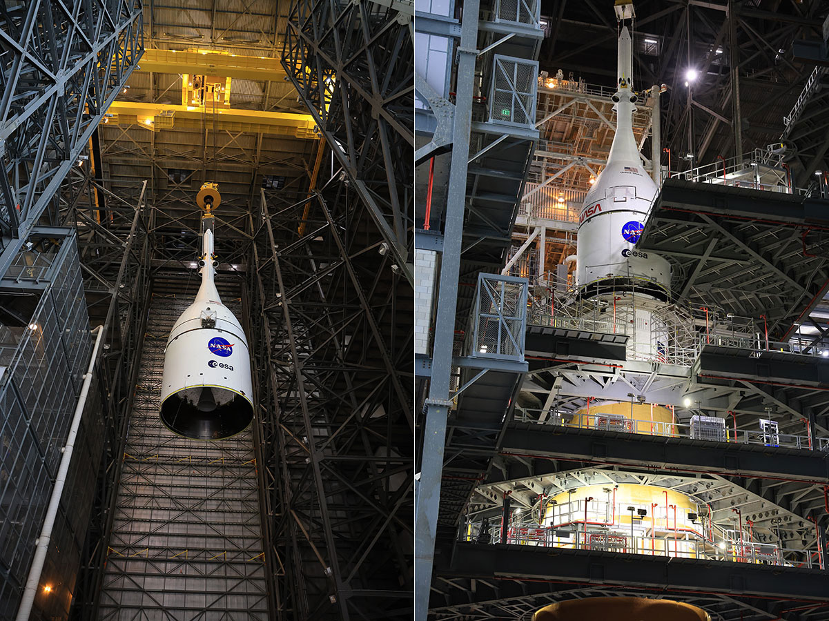 After a recent lift, the Orion spacecraft now sits atop the Space Launch System, which will power NASA's Artemis II mission to send humans back to the moon. 