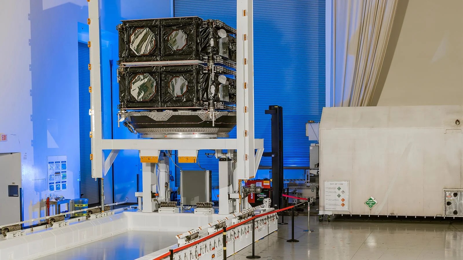 Boeing-built satellites O3b mPOWER F9 and F10 are pictured before delivery to SES and launch to medium Earth orbit.