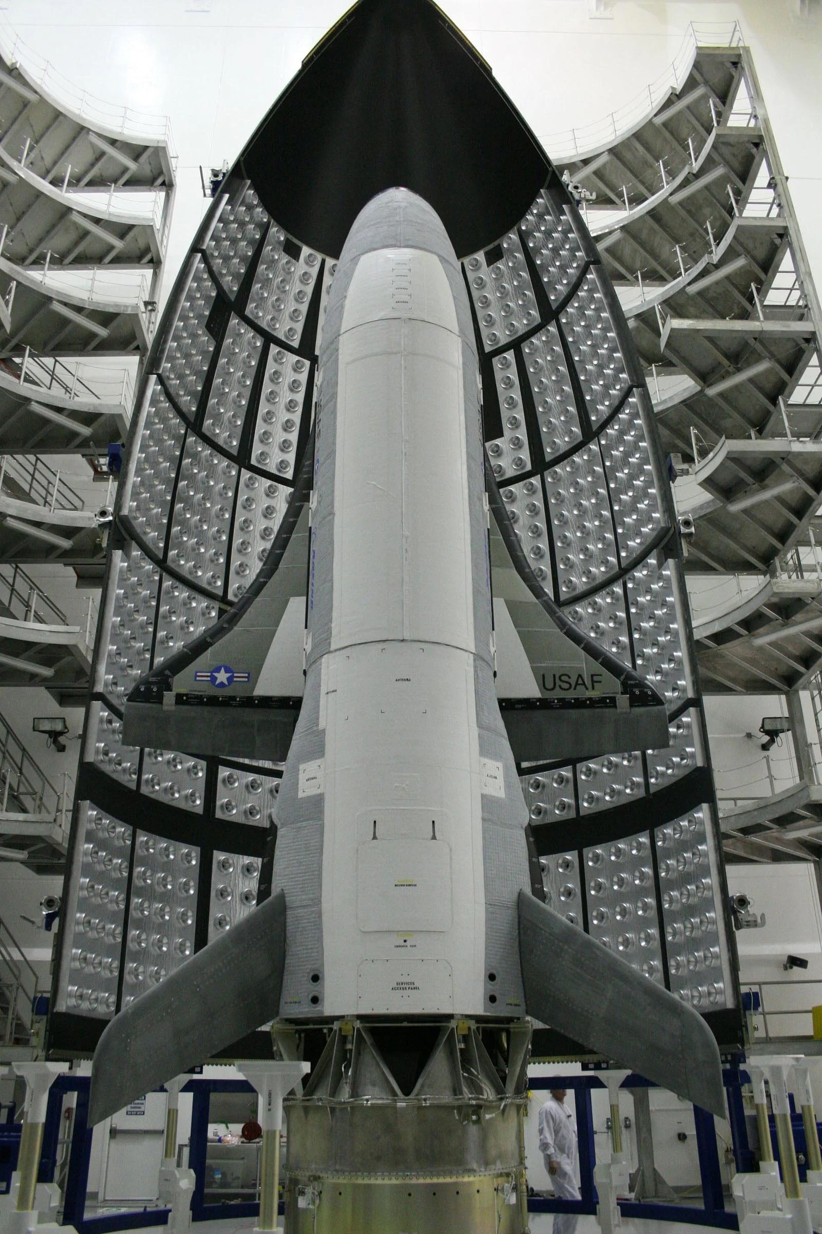 The X-37B before its first launch from Cape Canaveral Air Force Station (now Cape Canaveral Space Force Station), Florida. 