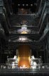 The Orion Stage Adapter for the Artemis I mission is lifted and stacked atop the Space Launch System rocket inside the Vehicle Assembly Building.