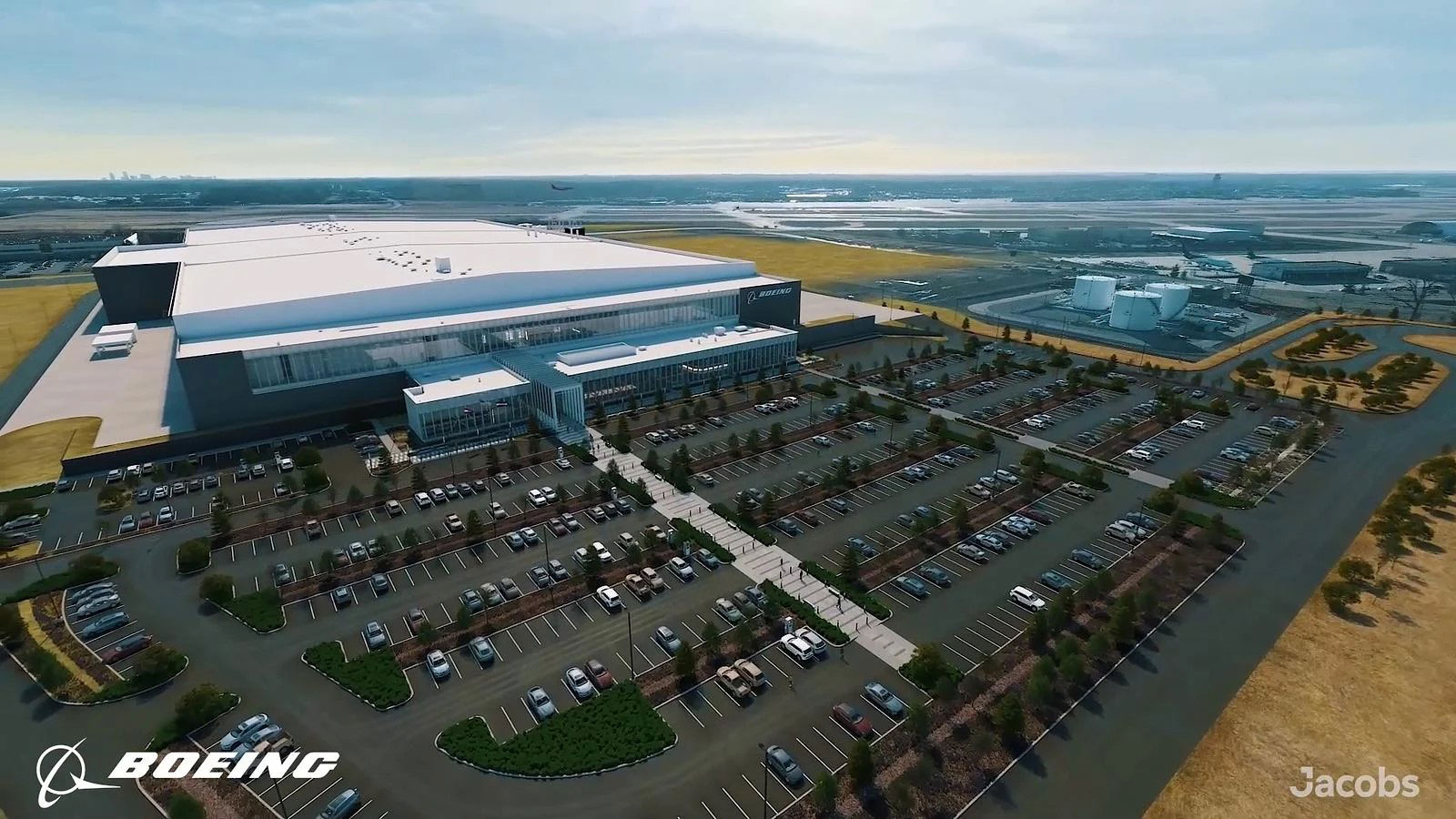 This rendering of a factory and parking lot is part of Boeing’s multi-year, multi-billion-dollar investment in the world’s most advanced combat aircraft production facilities.