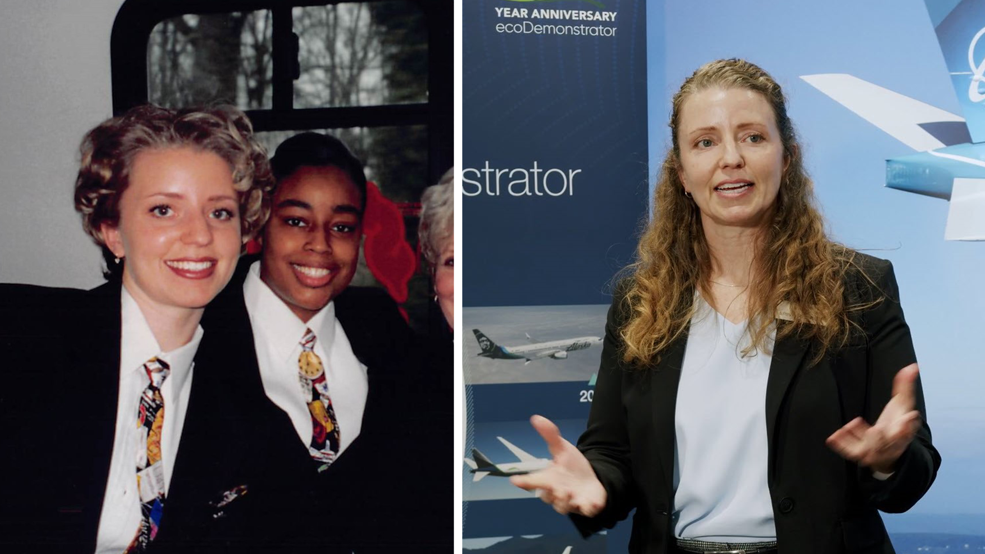 Boeing ecoDemonstrator integration engineer Erin Greenleaf (left) as a Horizon Airlines flight attendant with former Horizon coworker Chrishana Gates in 1999. (second photo) Greenleaf presenting on the ecoDemonstrator program at Aircraft Interiors Expo in Hamburg, Germany in 2024. (© Boeing)