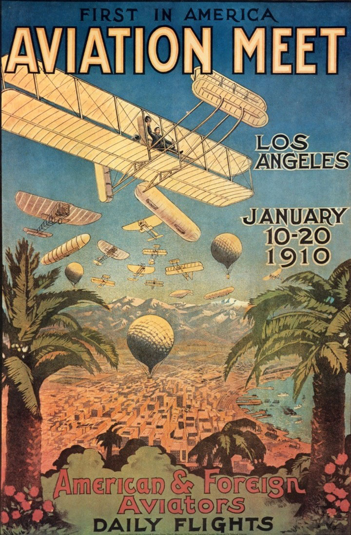 Vintage color Aviation Meet poster featuring aircraft, balloons and palm trees over city