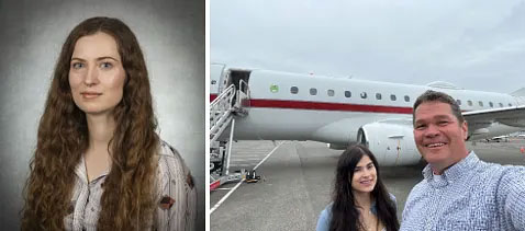Steph Williams (left), who will lead the research in Bristol, U.K. Ochoa-Mendoza and Rahmes (right) stand in front of Honeywell’s test platform at Signature Aviation in Seattle in July 2025. The aircraft was used to test several sensors from Honeywell, Boeing and the US National Institute of Standards & Technology.