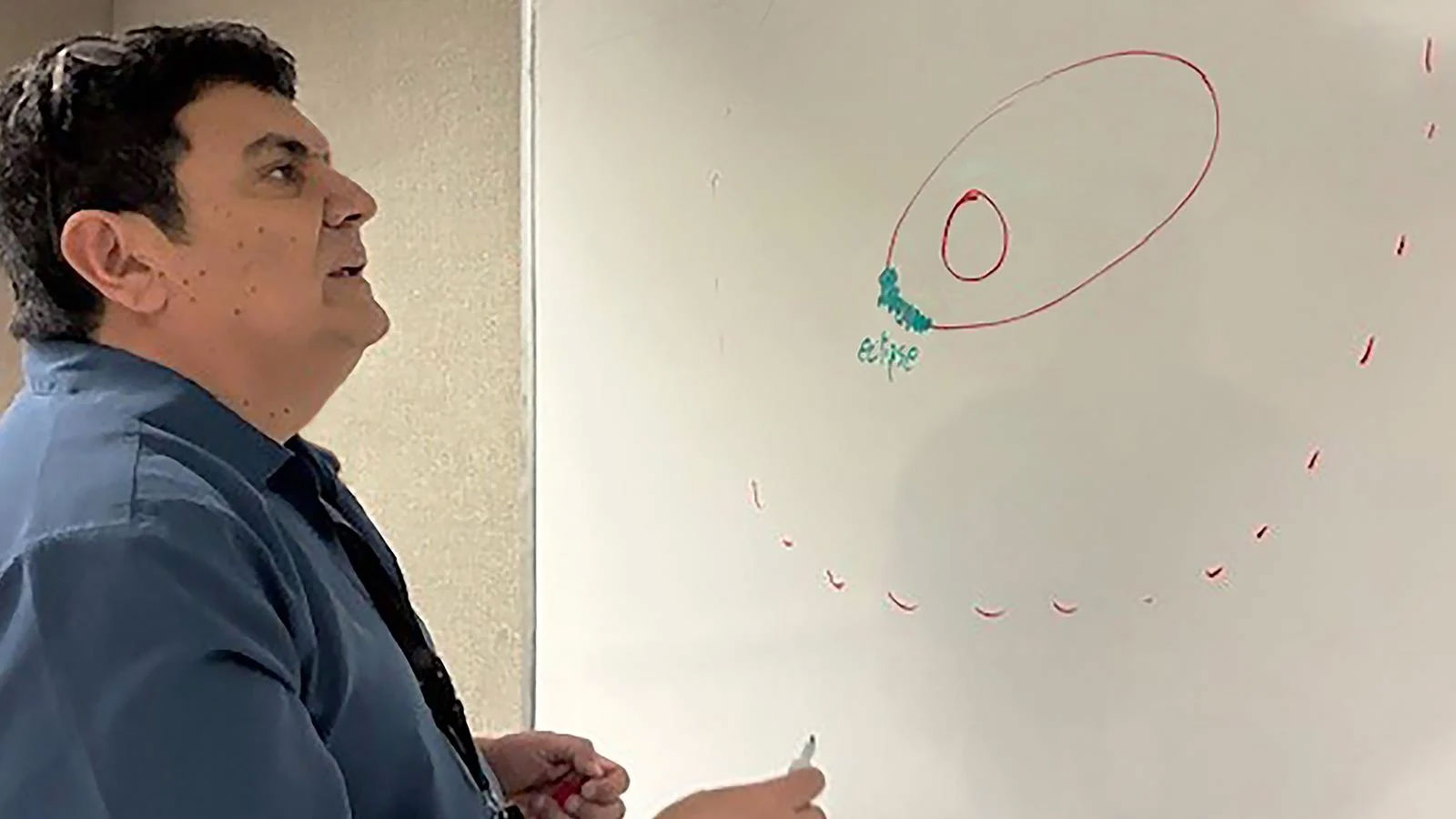 STARTING POINT: Jeff Noel sketches a satellite orbit to determine when and where the split thrusters should be used.
