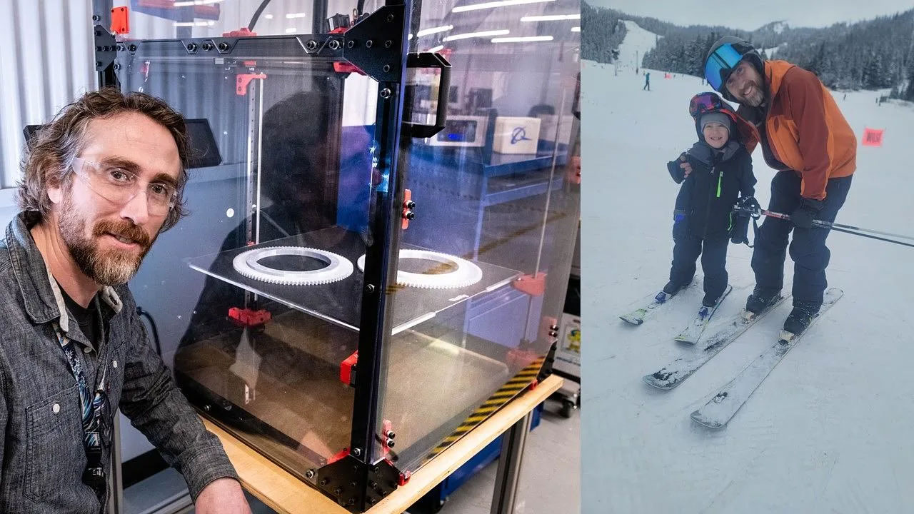 Matt Huff at his Boeing Additive Manufacturing workstation (left) and skiing with his son on a weekend outing (right). The images show the hands-on work that brought him back to Boeing and the family time his return helped restore.