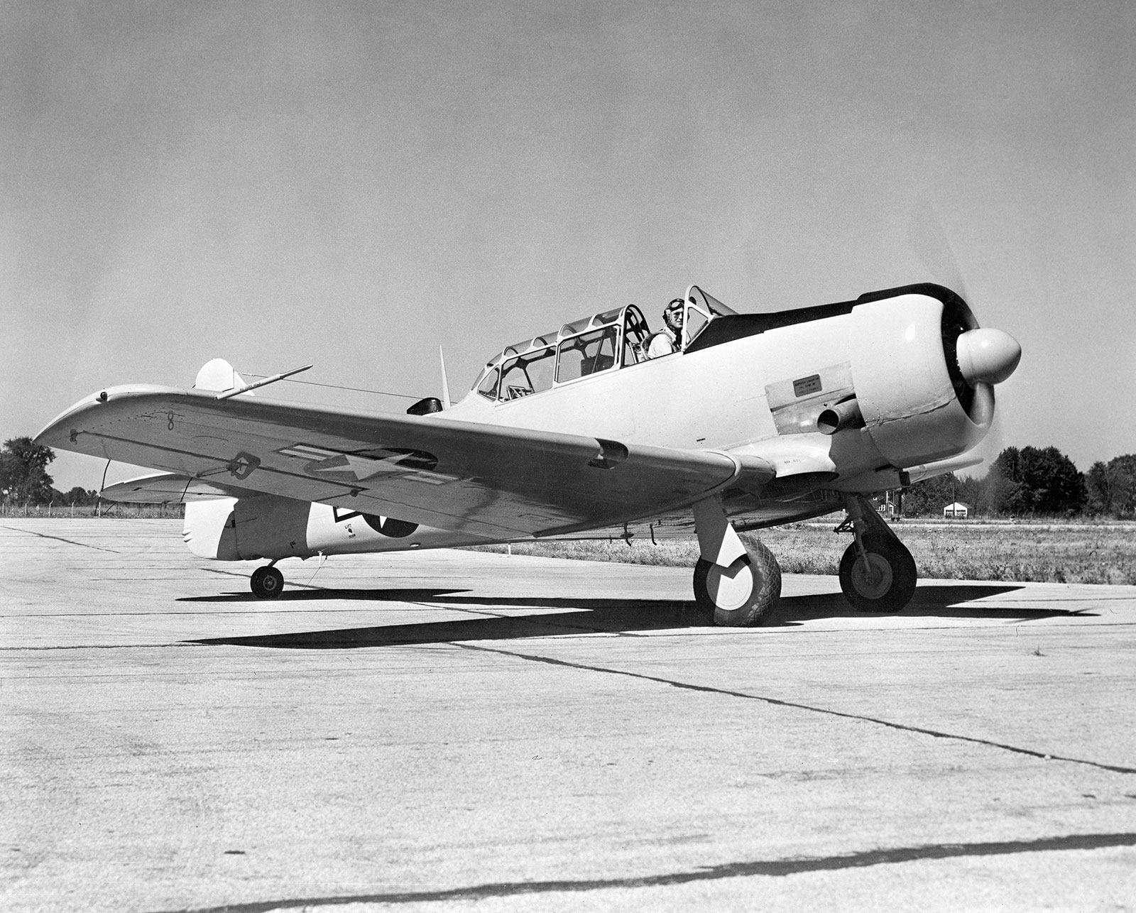 Black and white photo of a T-6 Texan, a single engine propellor plane, on the ground with propellor in motion