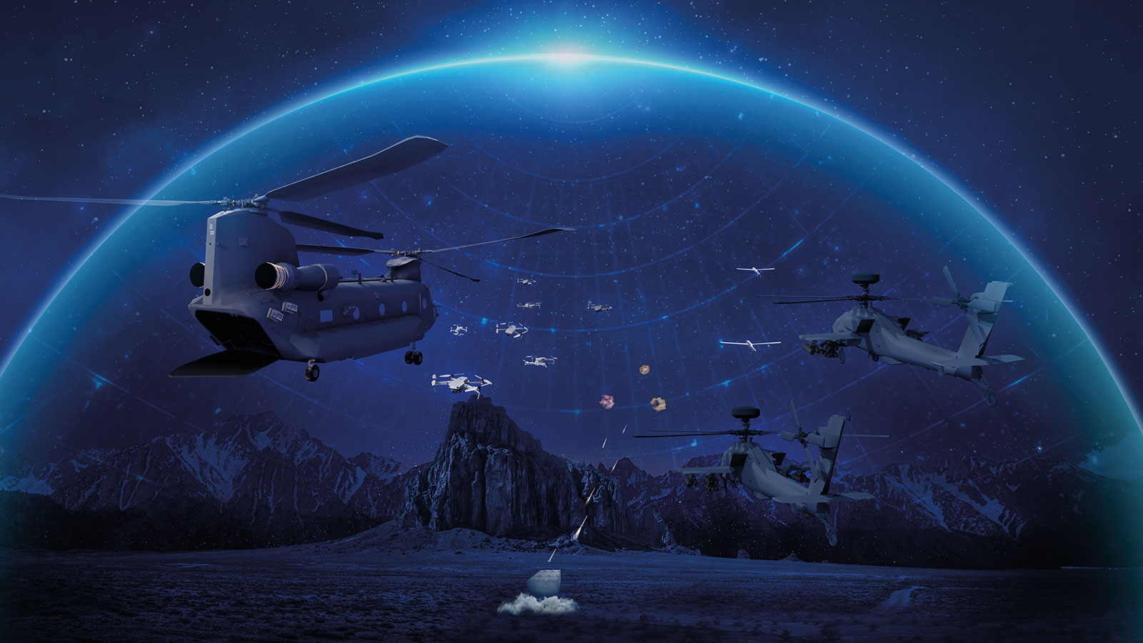 AH-64E Apache Attack Helicopter flying as part of Family of Systems