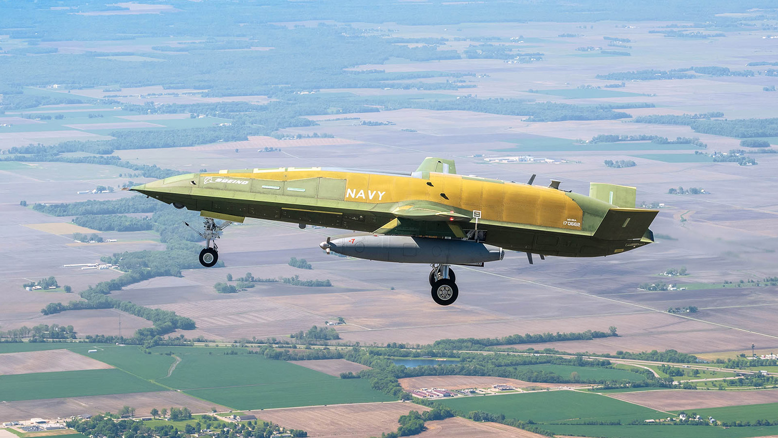 The first operational U.S. Navy MQ-25A Stingray soars over southern Illinois during a successful two-hour first flight on April 25.